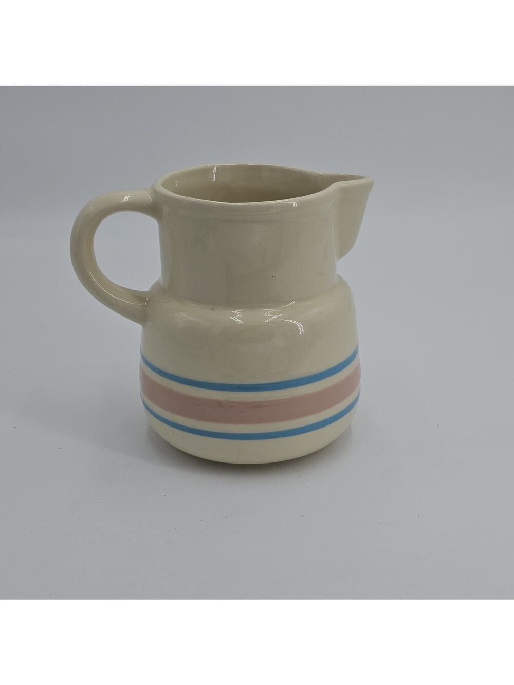 Vintage McCoy Pottery #132 Milk Pitcher Cream with Blue & Pink Stripes